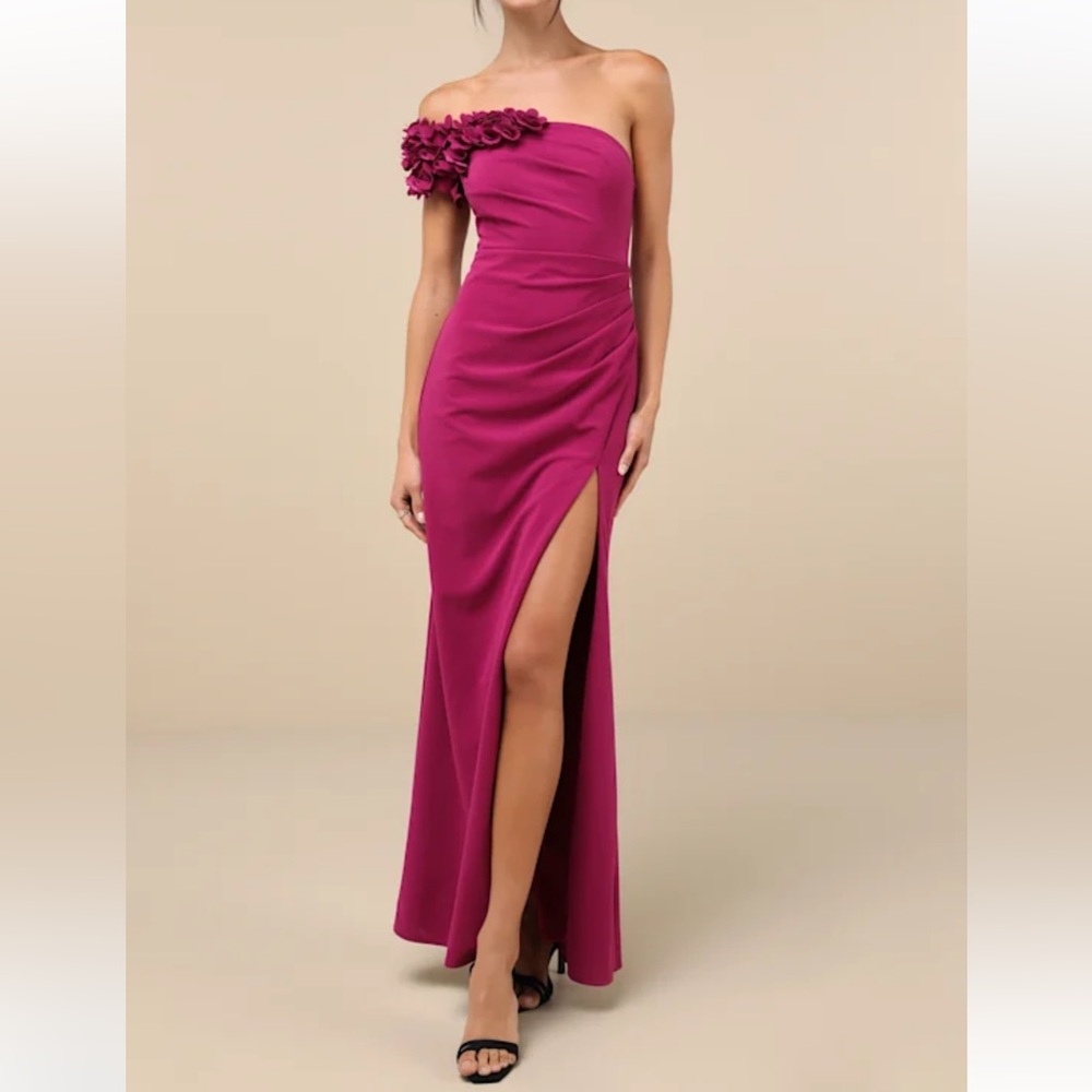 Beyond Elegant Magenta 3D Floral One-Shoulder Maxi Dress